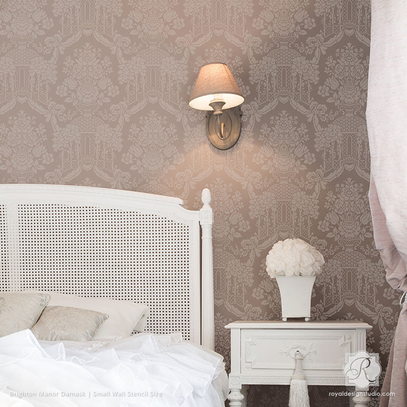 Romantic and Elegant Bedroom Decorating Ideas with Stenciled Walls - Brighton Manor Damask Wall Stencils - Royal Design Studio