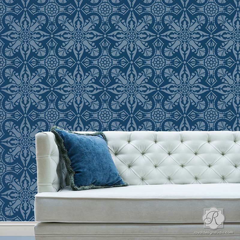 Blue Wall Stencil with European & Spanish Tiles Design for Living Room Makeover - Marisol Damask Tile Stencils - Royal Design Studio