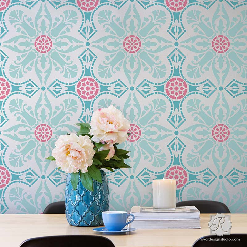Colorful Wallpaper Look Painted & Stenciled on Walls - Easy Room Makeover Idea - Marisol Damask Tile Stencils - Royal Design Studio