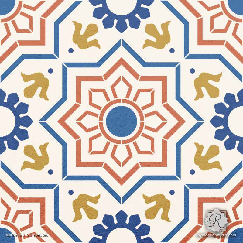 Decorative Faux Painted Tile Design for Wall Murals and Floor Makeovers - Marbella Tile Stencils - Royal Design Studio
