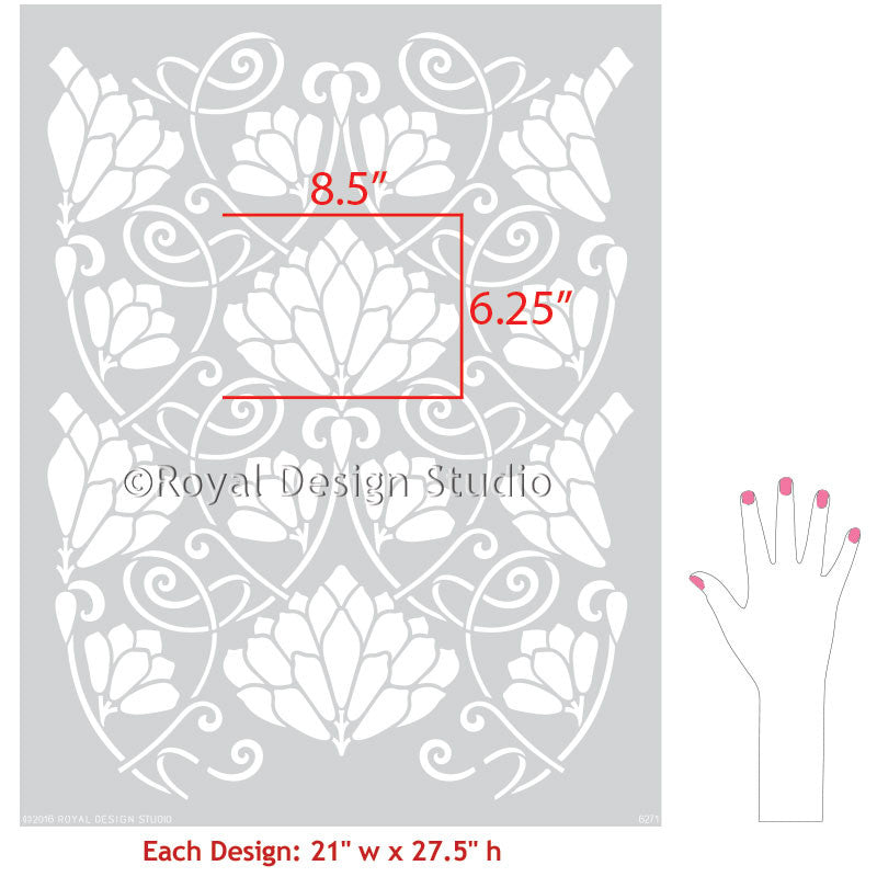 Painting and Stenciling Walls with Flower Wallpaper Patterns - Lotus Paradise Floral Wall Stencils - Royal Design Studio