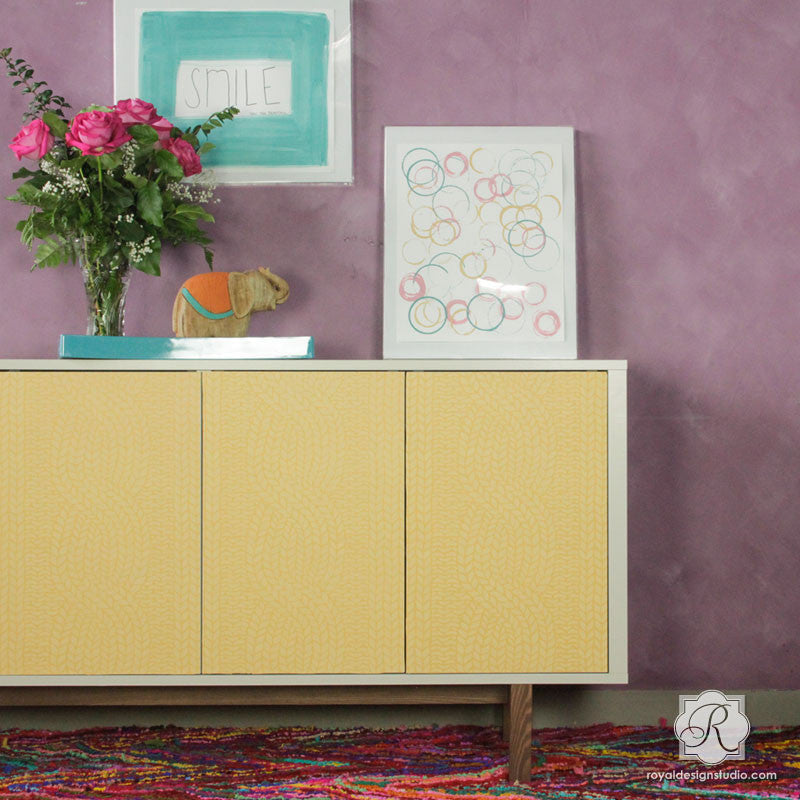 Painted Cabinet with Colorful Woven Texture Design - Chunky Cable Knit Furniture Stencils - Royal Design Studio