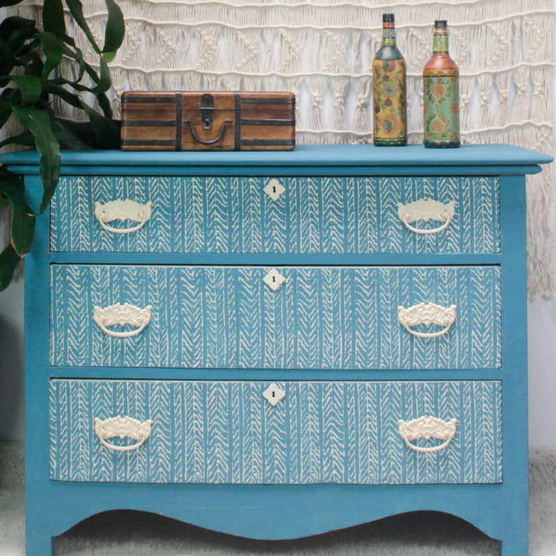 Colorful Painted Dresser with Chalk Paint and DIY Texture Design- Funky Fibers Furniture Stencils - Royal Design Studio