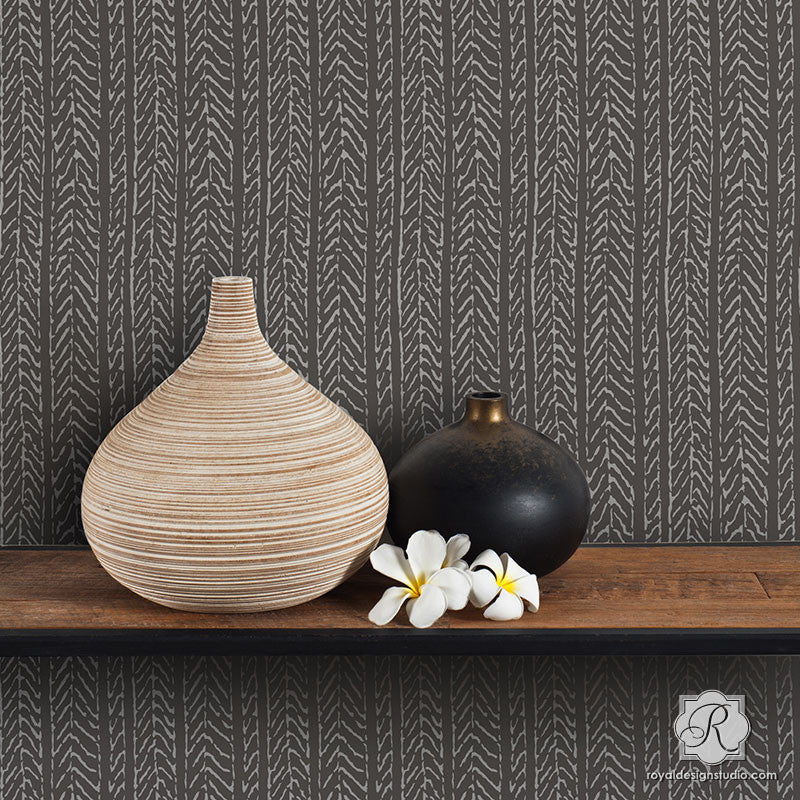 Neutral Gray Texture Wall with Wallpaper Design - Funky Fibers Furniture Stencils - Royal Design Studio