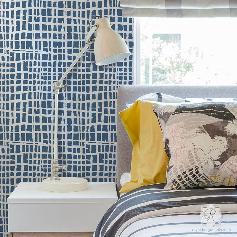 Modern Bedroom Makeover using Large Wallpaper Texture Wall Designs - DIY Loose Weave Wall Stencils - Royal Design Studio