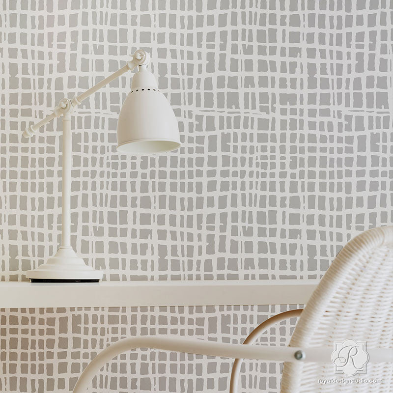 Silver and Gray Modern Weave Texture Painted on Accent Walls - Loose Woven Wall Stencils - Royal Design Studio