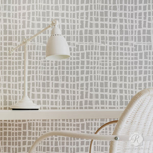 Silver and Gray Modern Weave Texture Painted on Accent Walls - Loose Woven Wall Stencils - Royal Design Studio