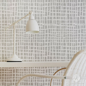 Silver and Gray Modern Weave Texture Painted on Accent Walls - Loose Woven Wall Stencils - Royal Design Studio