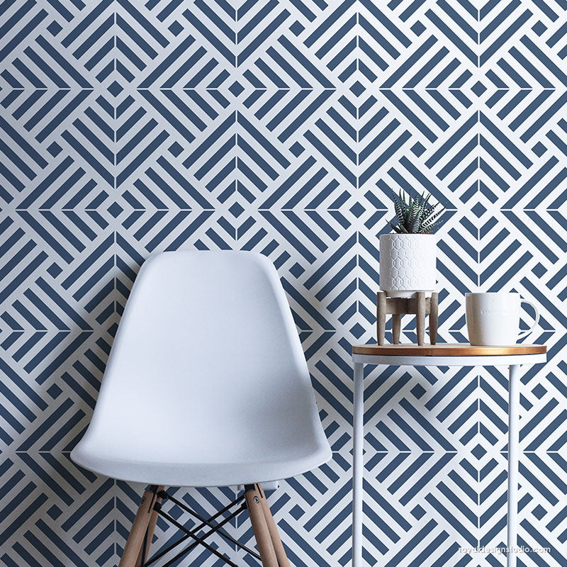 Blue and White Modern Wallpaper - DIY Tile Wall Stencils - Tiled Wall Art Stencils - Royal Design Studio