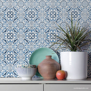 Blue and White Kitchen Design - Paint Stencils - Modern Farmhouse Kitchen Stencils - Kitchen Tile Stencils - Royal Design Studio Stencils