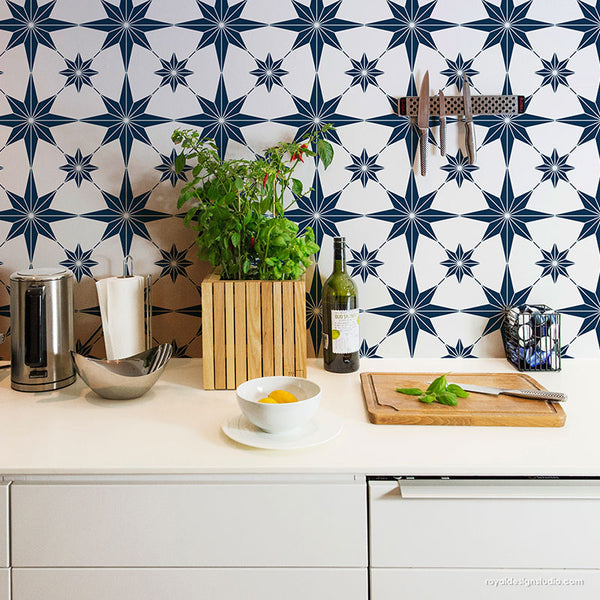 Blue and White DIY Kitchen Backsplash Tile - Tile Stencils for Painting Kitchen Design - Modern Farmhouse Kitchen Tile Stencils - Geometric Stencils - Modern Stencils - Royal Design Studio Stencils