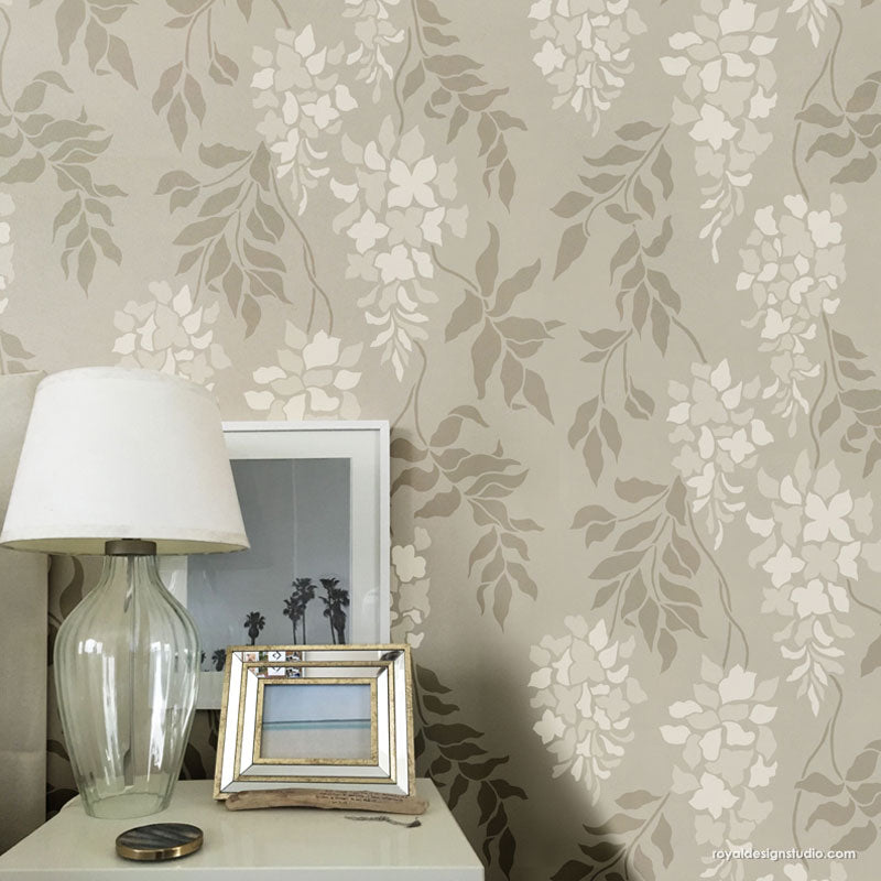 Wisteria Flowers and Vine Wall Stencils - Floral Wallpaper Design