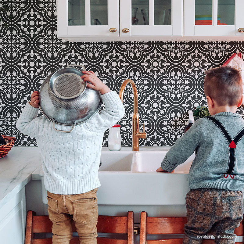 Black and White Tile Backsplash - Kitchen Wall Paint Stencils - Painted Tile Stencils - Royal Design Studio