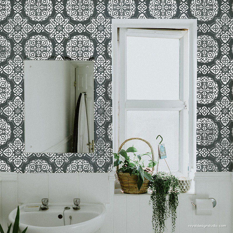 Black and White Bathroom Design - Boho Wall Mural Stencils - Wall Tile Stencils for Painting - Royal Design Studio