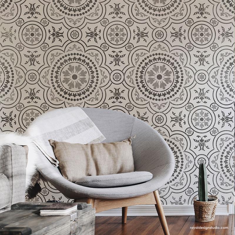 Large Stencil for Painting Tile Design for Modern Living Room Wall Art - Chatsworth Tile Stencil from Royal Design Studio Stencils