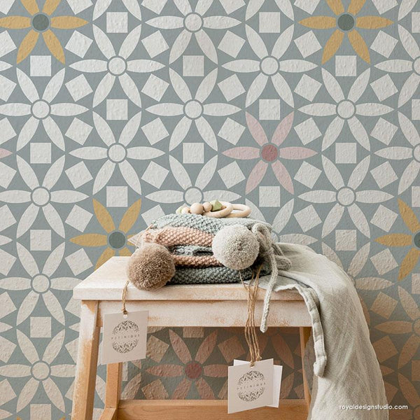 Modern Nursery Wallpaper Design Paint Stencils - Ranae Geometric Floral Stencil from Royal Design Studio Stencils