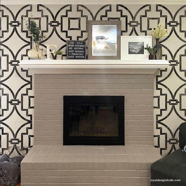 Black and White Modern Living Room Feature Wall Stencils - Geometric Modern Wallpaper Paint Stencils - Royal Design Studio