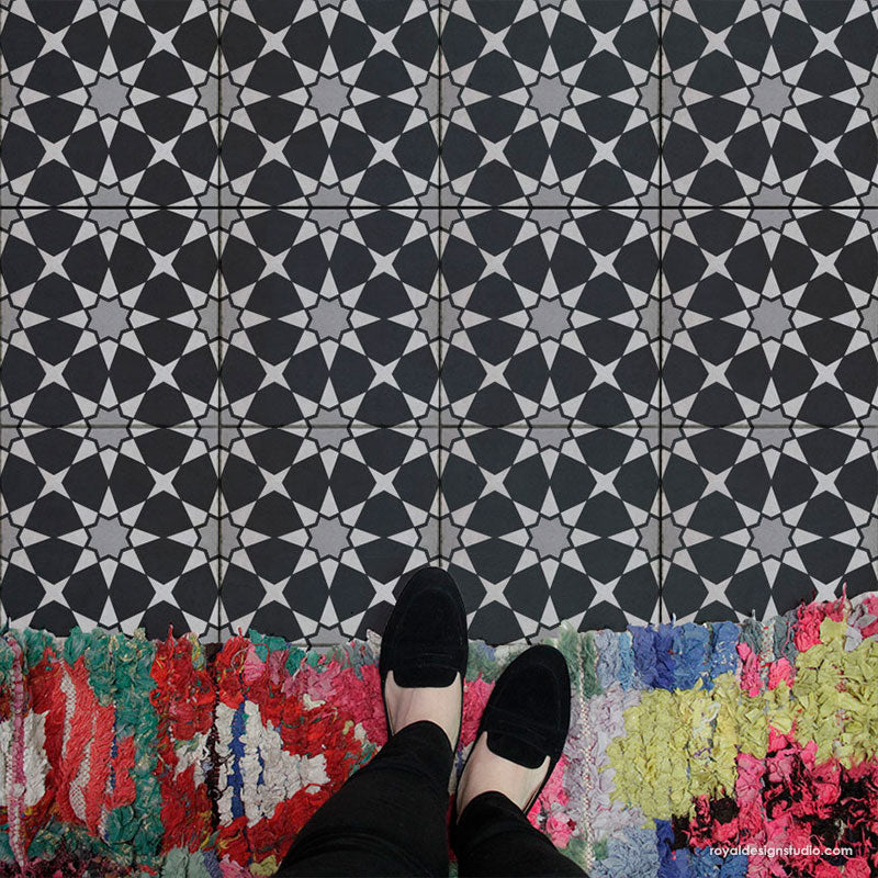 Black and White Tiles Floor Stencils Moroccan Stencils Custom Tile Art - Royal Design Studio royaldesignstudio.com