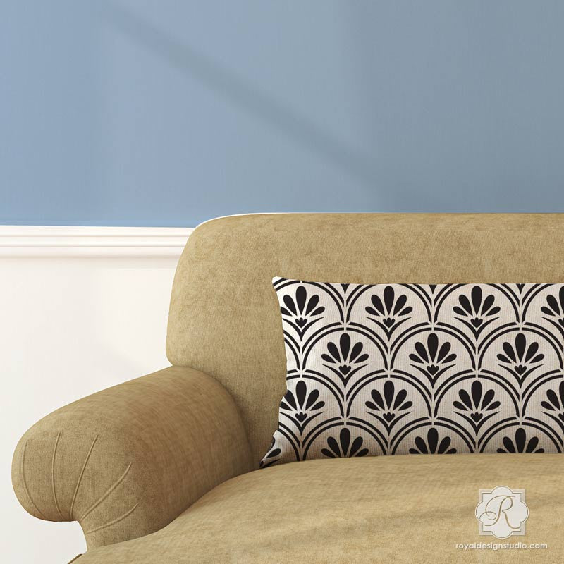 DIY Pillows Painted with Modern Retro Patterns - Flower Scallop Design Furniture Stencils - Royal Design Studio