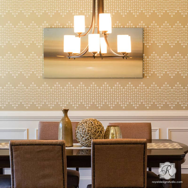 Painting Allover Border Stencils on Dining Room Accent Wall - Royal Design Studio
