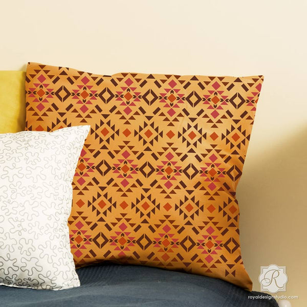 DIY Painted Pillow and Small Decor Projects Stenciled with Geometric Rustic Furniture Stencils - Royal Design Studio