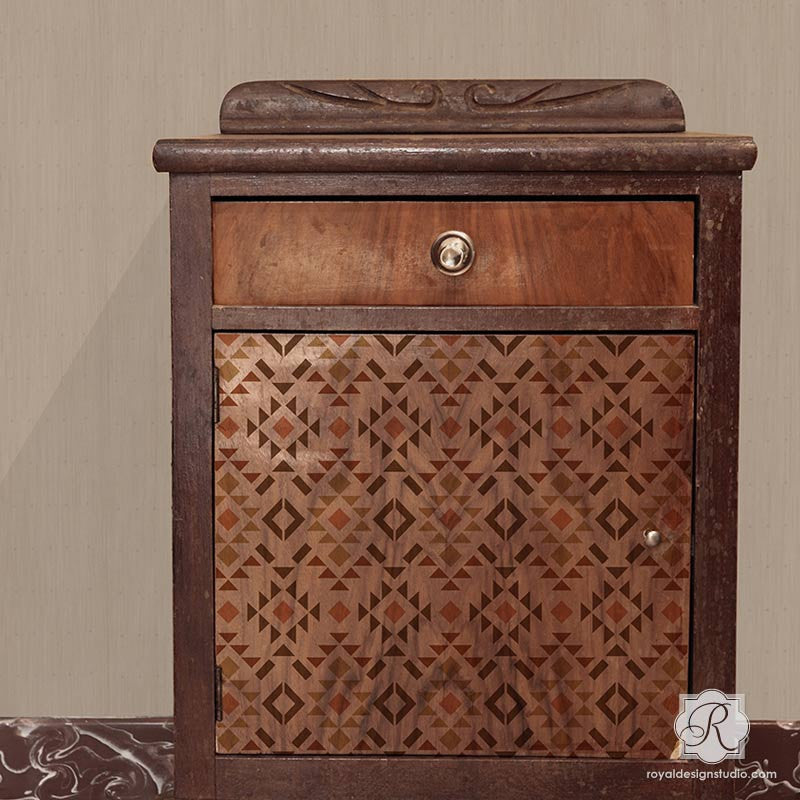 Paint Patterns on Dresser Drawers and Cabinet Doors with Western Design and Rustic Geometric Furniture Stencils - Royal Design Studio