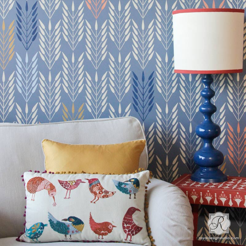 Paint an accent wall with nature designs such as feathers or bundles of wheat - Colorful wall stencils for decorating - Royal Design Studio