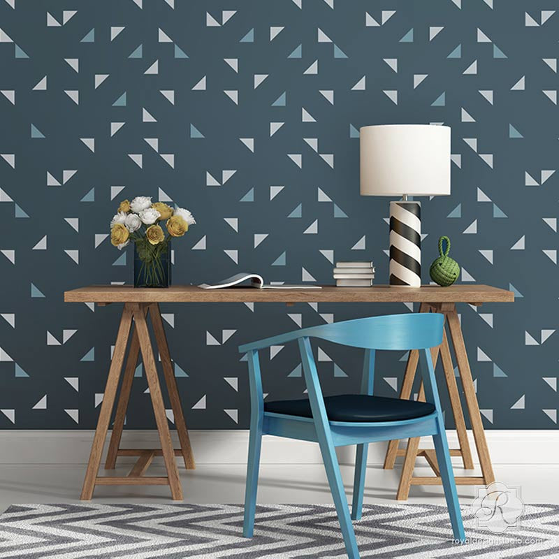 Painting Modern Triangle Shapes in Cute Pattern on Accent Wall - Geometric Wall Stencils - Royal Design Studio