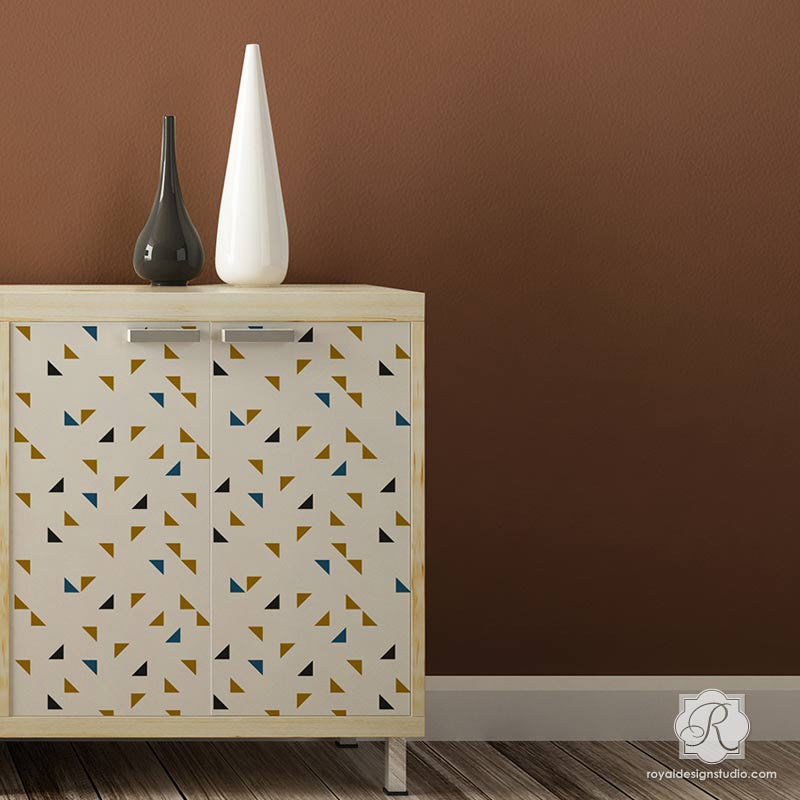 Modern Geometric Triangle Shapes Painted on Dresser Drawers with Cute Furniture Stencils - Royal Design Studio