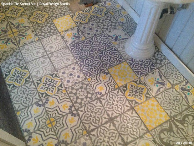 Colorful Yellow and Gray Bathroom Vinyl Linoleum Tile Floor Stencils - Royal Design Studio