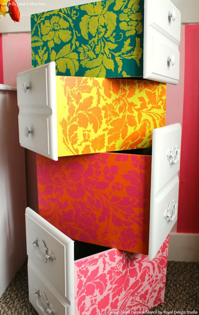Cute Colorful Girls Room or Dorm Decor Ideas - Painted Dresser Drawers with French Floral Damask Stencils - Royal Design Studio