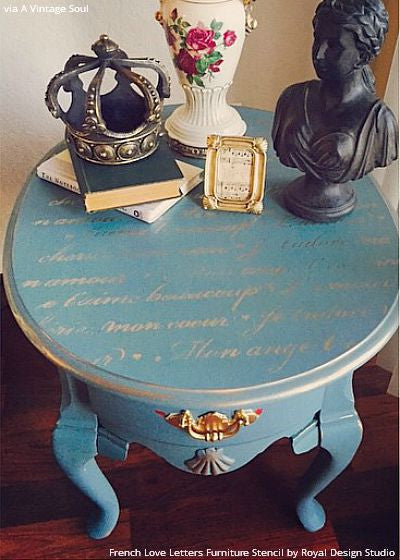 Designer Blue Side Table DIY Project Paitned with French Love Letters Furniture Stencils - Royal Design Studio