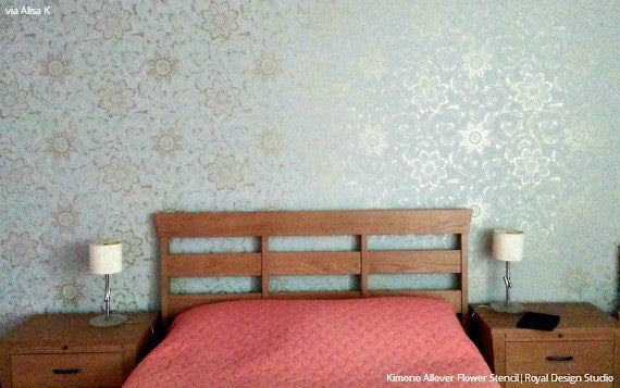 Metallic Accent Wall in Bedroom Makeover - Kimono Allover Flower Stencils - Royal Design Studio