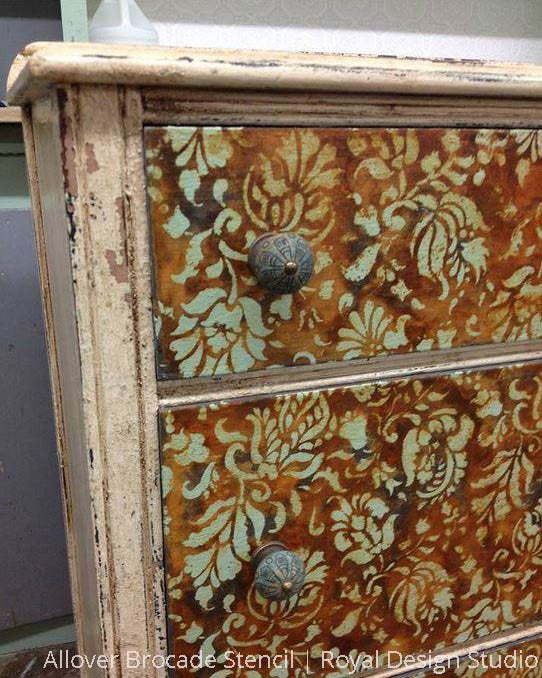 Antique and Distressed Dresser Drawers Stenciled with Flower and Vine Pattern - Allover Brocade Furniture Stencils - Royal Design Studio