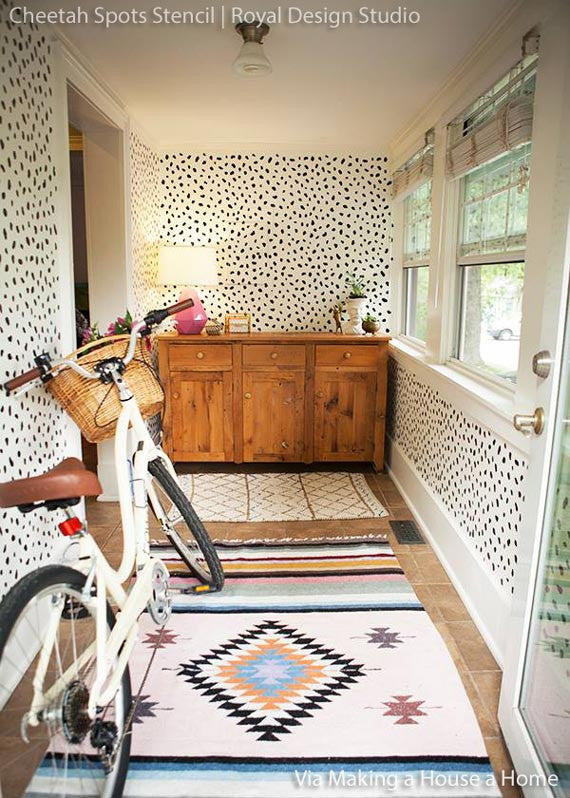 Decorating an Entry Way or Foyer - Animal Print Cheetah Leapord Spots Wall Stencil Painted in Mudroom, Foyer, Entry - Royal Design Studio