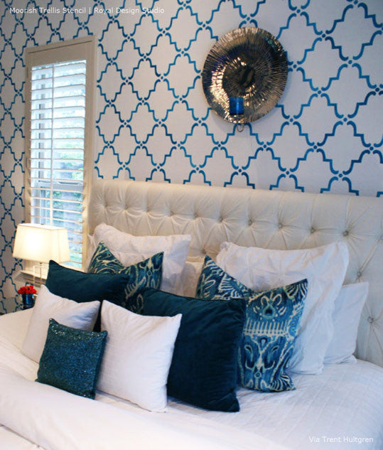 White and Blue Bedroom Decor - Moorish Trellis Allover Accent Wall Stencils