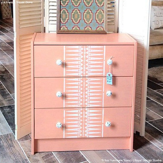 Stenciled Dresser Drawers with African Patterns - Tribal Furniture Stencils - Royal Design Studio