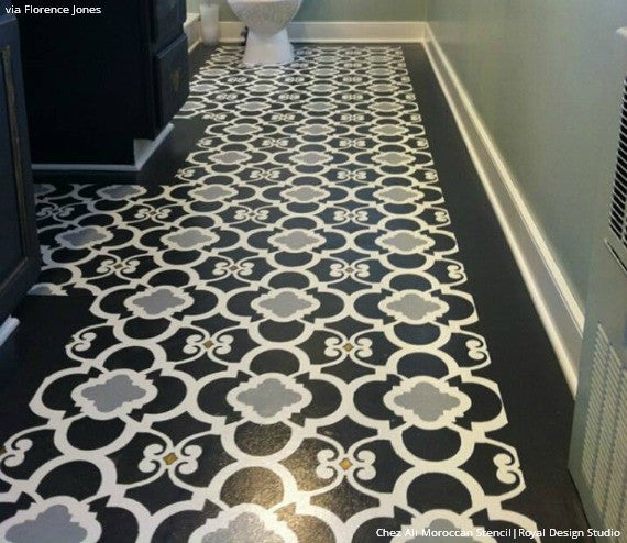 Black and White Floor Stenciled Room - Chez Ali Moroccan Wall Stencils for Painting - Royal Design Studio