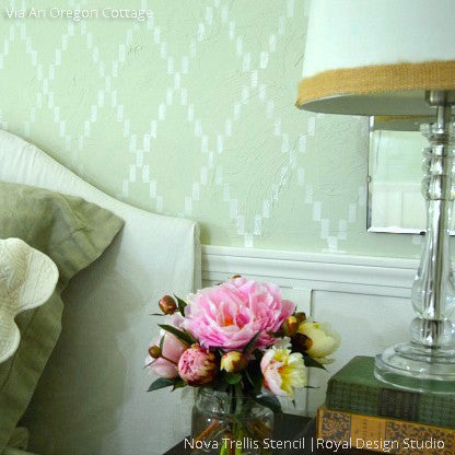Beautiful Green Bedroom Accent Wall Makeover using Modern Harlequin Trellis Wall Stencils - Royal Design Studio