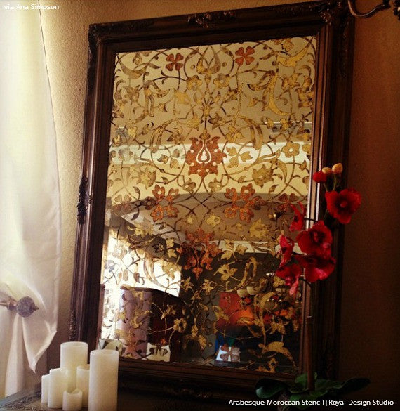 Stenciled Antique Mirror Projects with Floral Vine Patterns - Arabesque Moroccan Stencils - Royal Design Studio