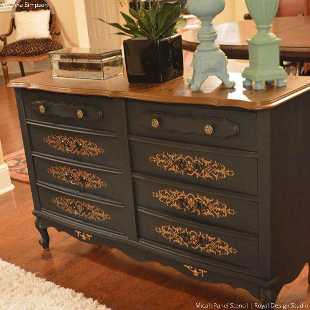 Painted Dresser DIY Idea with Pattern - Micah Panel Furniture Stencils - Royal Design Studio