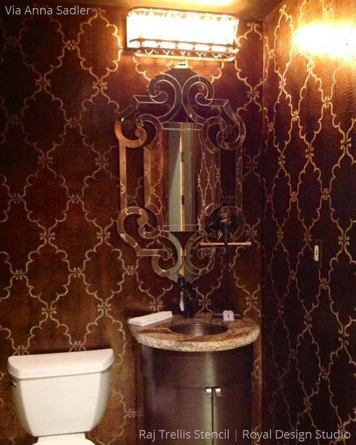 Dramatic and Elegant Bathroom Makeover using Raj Trellis Indian Wall Stencils - Royal Design Studio