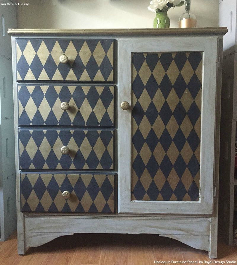 Rustic Vintage Painted Furniture Stenciled with Harlequin Furniture Stencils and Metallic Gold Paint - Royal Design Studio