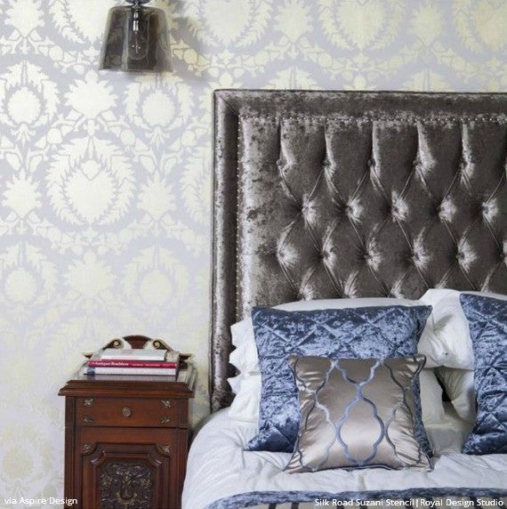 Metallic Charcoal Gray Bedroom Makeover - Chic Decorating - Silk Road Suzani Wall Stencils - Royal Design Studio