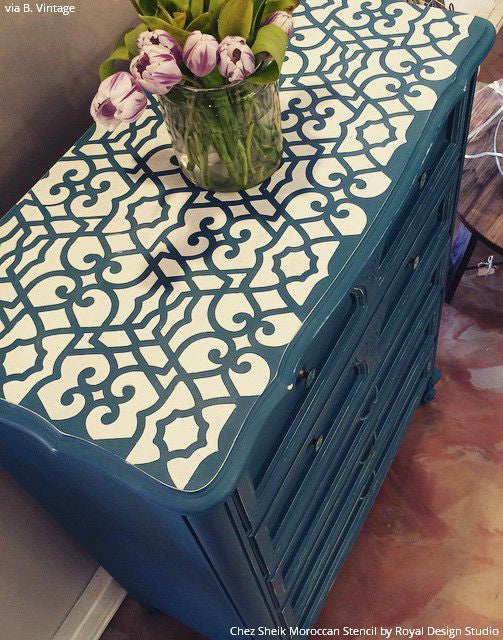 Chalk Paint Painted Dresser Drawers Top with Blue and White Design - Chez Sheik Moroccan Furniture Stencils - Royal Design Studio