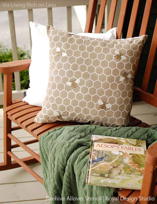 Painted pillow DIY project using cute bee stencil with honeycomb pattern for nursery decor or kids room decor - Royal Design Studio