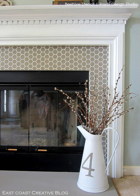 cute bee stencil with honeycomb pattern for chic and modern fireplace design - Royal Design Studio
