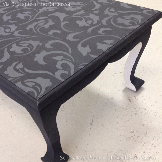 Black Coffee Table Upcycle Painted with DIY Scrollallover Furniture Stencils - Royal Design Studio