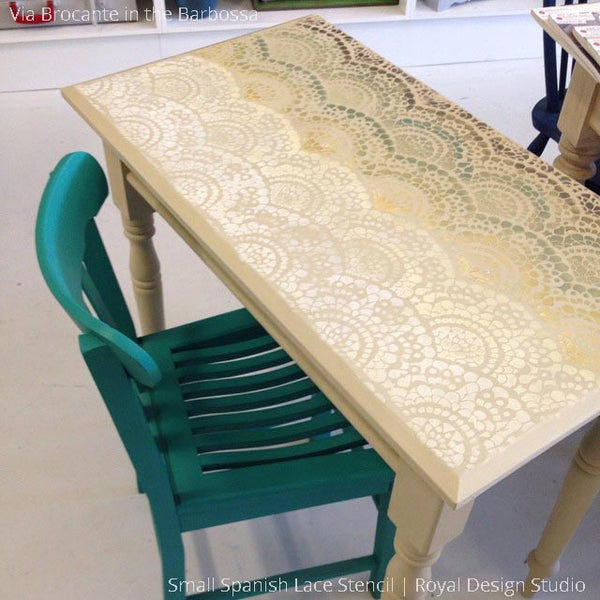 Metallic and Colorful Painted Table Top Decorated with Spanish Lace Scallop Furniture Stencils - Royal Design Studio