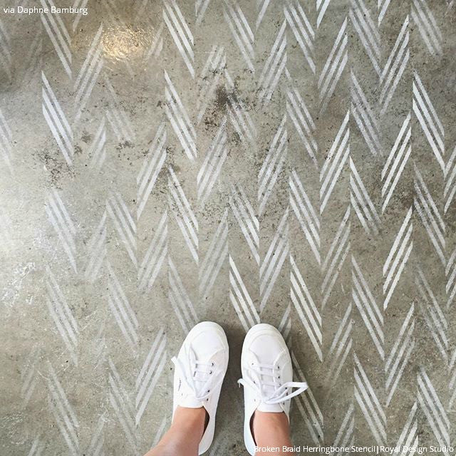 Classic Tribal Modern Herringbone Pattern Painted onto Concrete Floor - Floor Stencils by Royal Design Studio